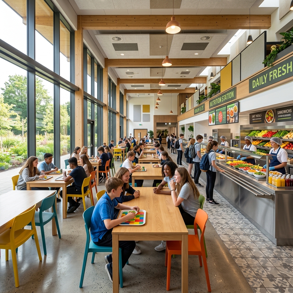 Modern and vibrant school dining hall and canteen